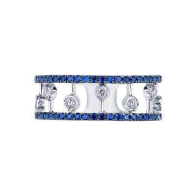 White gold 18k band ring with parallel arcs of blue sapphires and diamonds 
