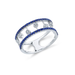 White gold 18k band ring with parallel arcs of blue sapphires and diamonds 
