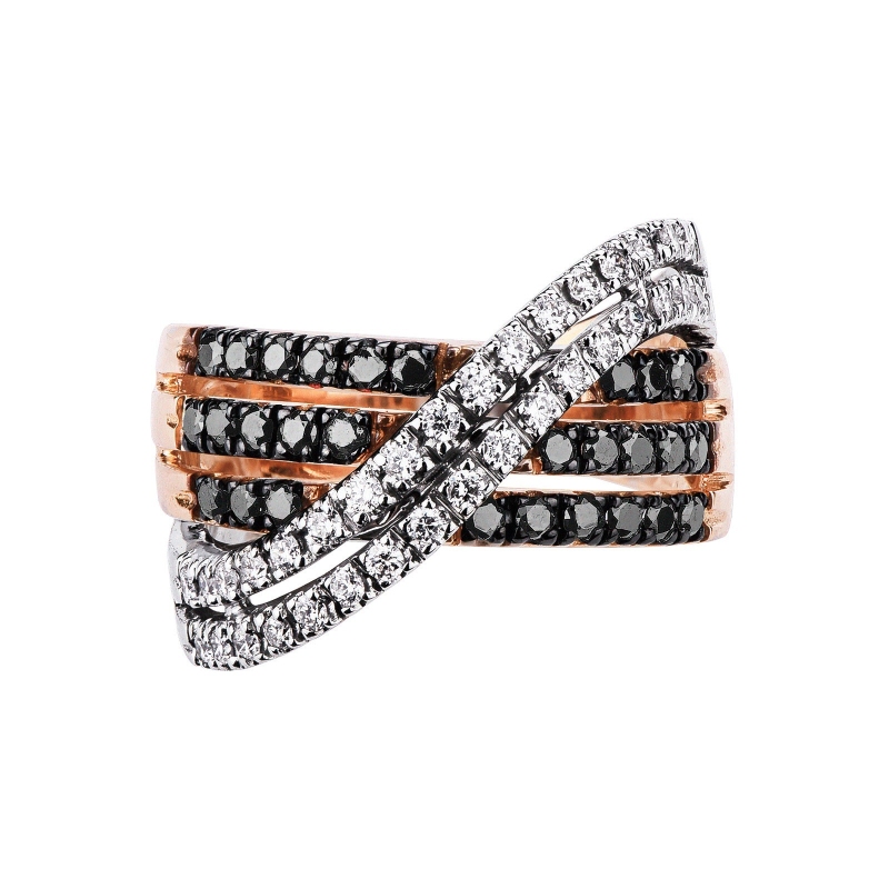 Rosé and white gold 18k ring with bands of white and black diamonds 