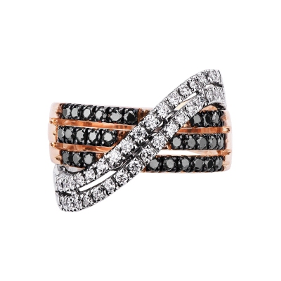 Rosé and white gold 18k ring with bands of white and black diamonds 