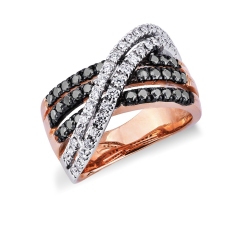 Rosé and white gold 18k ring with bands of white and black diamonds 