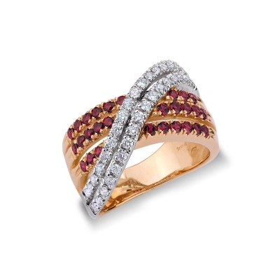 18k white and rosé gold band ring with rubies and diamonds 
