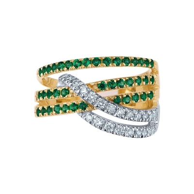 18k yellow and white gold with crossing of diamonds and emeralds