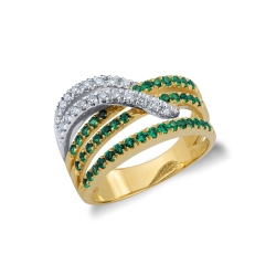 18k yellow and white gold with crossing of diamonds and emeralds