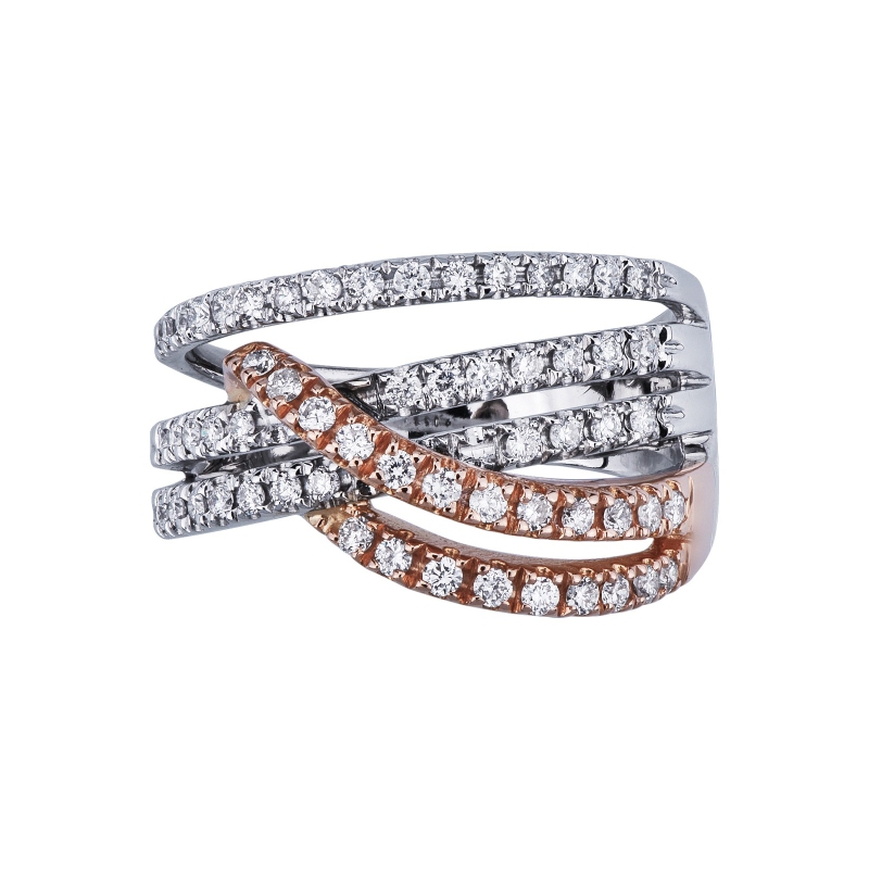 18k white and rosé gold crossover ring with diamonds 