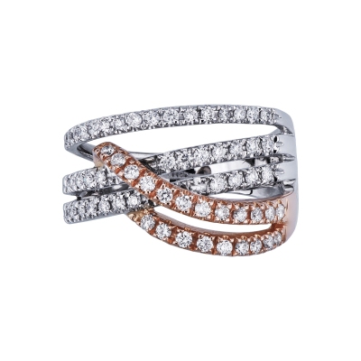 18k white and rosé gold crossover ring with diamonds 