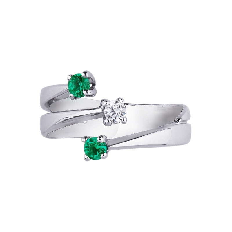 Trilogy ring white gold 18k with one diamond and emeralds
