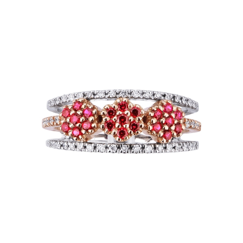 18k white and rosé gold ring with rubies flower shaped and diamonds 