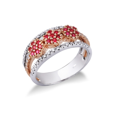 18k white and rosé gold ring with rubies flower shaped and diamonds 