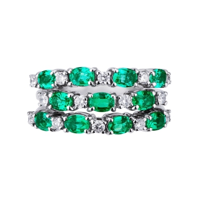 Three bands ring with emeralds and diamonds in white gold 18k 