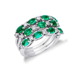 Three bands ring with emeralds and diamonds in white gold 18k 