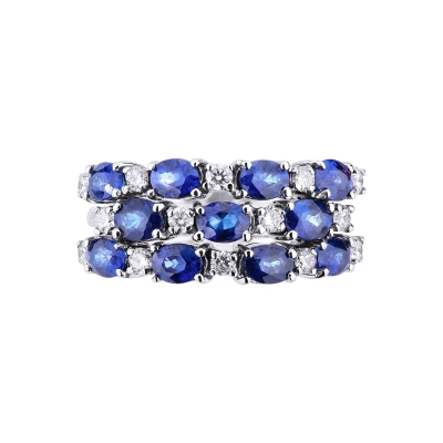 18k white gold ring with three rows of diamonds and blue sapphires 