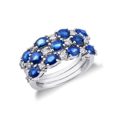 18k white gold ring with three rows of diamonds and blue sapphires 