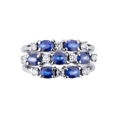 18k white gold ring with three rows of blue sapphires and diamonds 