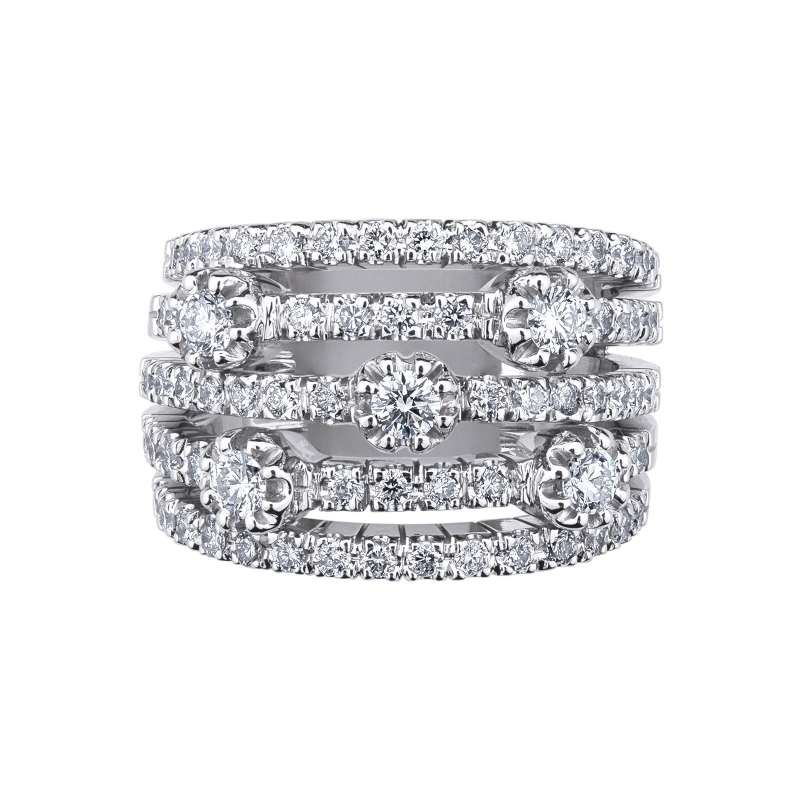18k white gold band ring with 5 rows of diamonds 