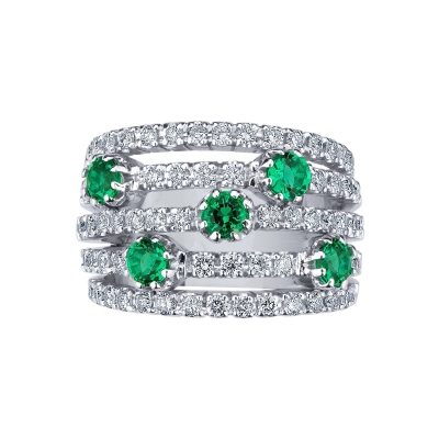 18k white gold band ring with five emeralds and diamonds