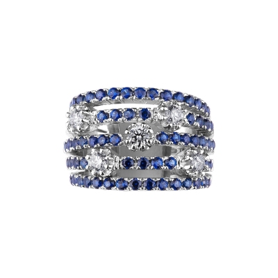 18k white gold band ring with diamonds and blue sapphire 