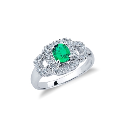 White gold 18k ring with central emerald and side diamonds 