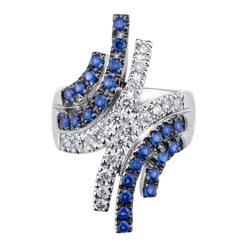 White gold 18k ring with waves of diamonds and blue sapphires 