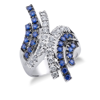 White gold 18k ring with waves of diamonds and blue sapphires 