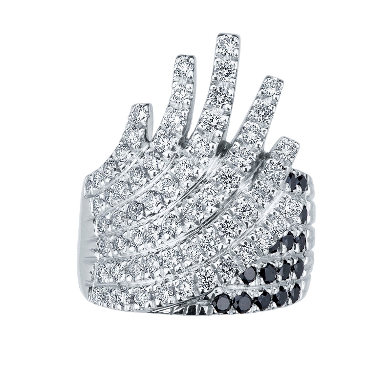 18k white gold ring with waves of white and black diamonds 