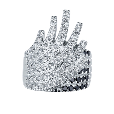 18k white gold ring with waves of white and black diamonds 