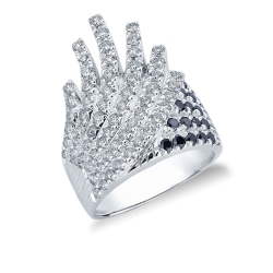 18k white gold ring with waves of white and black diamonds 