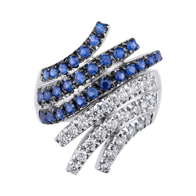 18k white gold ring with waves of blue sapphires and diamonds 