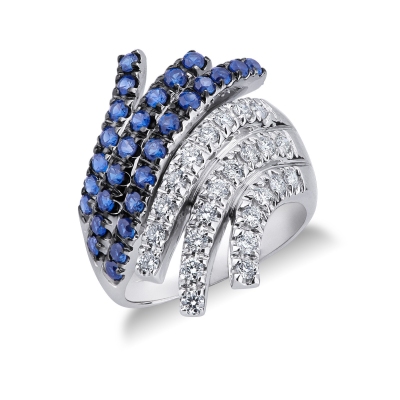 18k white gold ring with waves of blue sapphires and diamonds 