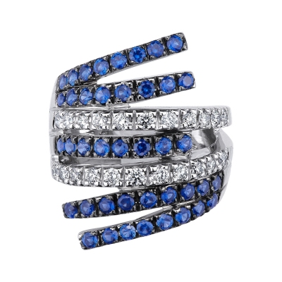 White gold 18k ring with waves of diamonds and blue sapphires 
