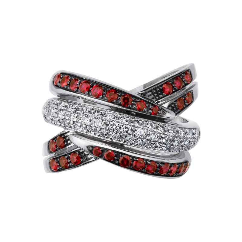 18k white gold crossover ring with diamonds and rubies