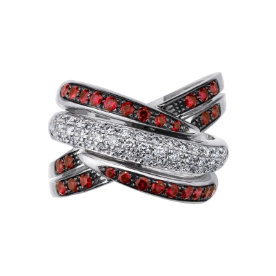 18k white gold crossover ring with diamonds and rubies