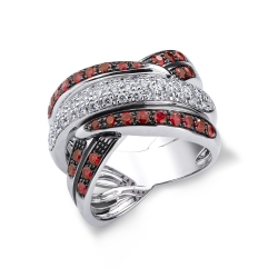 18k white gold crossover ring with diamonds and rubies