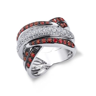 18k white gold crossover ring with diamonds and rubies