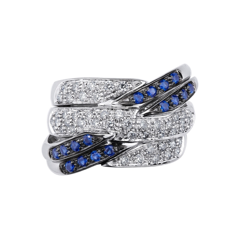 18k white gold crossover ring with blue sapphires and diamonds 