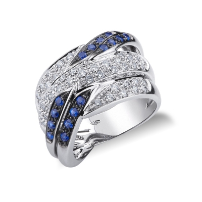 18k white gold crossover ring with blue sapphires and diamonds 