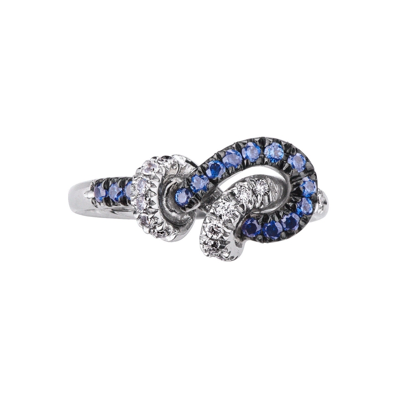 18k white gold knot ring with diamonds and blue sapphires 