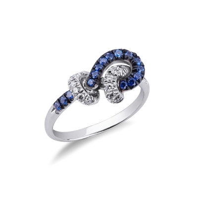 18k white gold knot ring with diamonds and blue sapphires 
