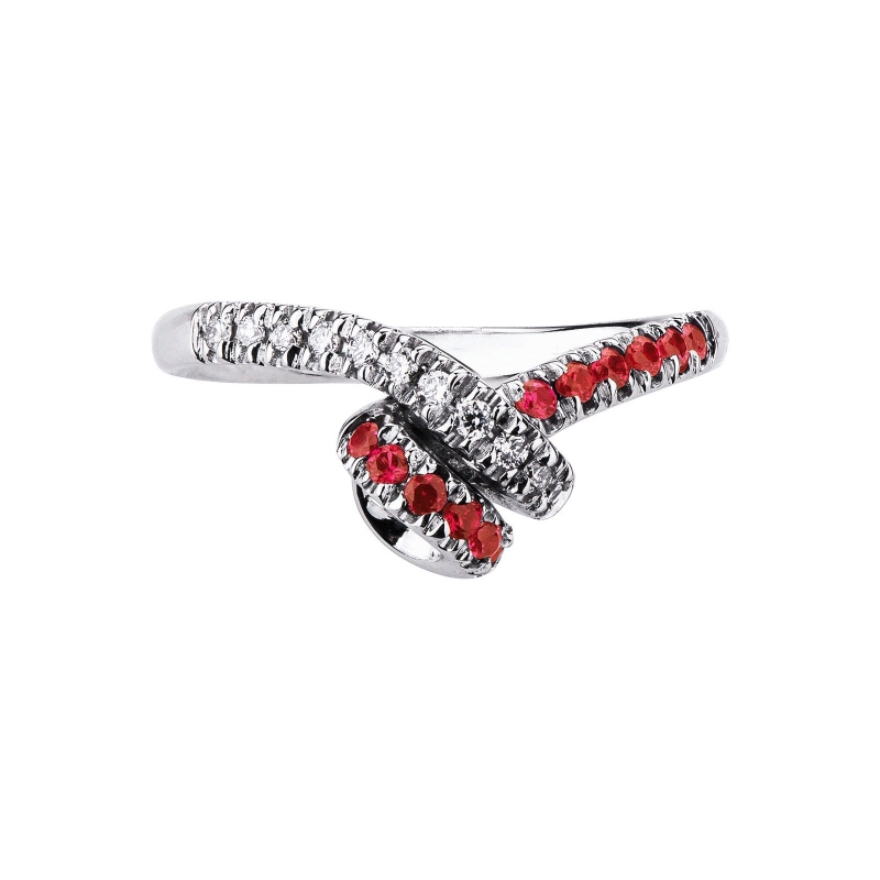 White gold 18k knot ring with diamonds and rubies 