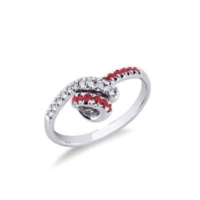 White gold 18k knot ring with diamonds and rubies 