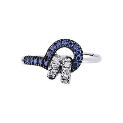 18k white gold knot ring with blue sapphires and diamonds 
