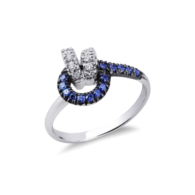 18k white gold knot ring with blue sapphires and diamonds 