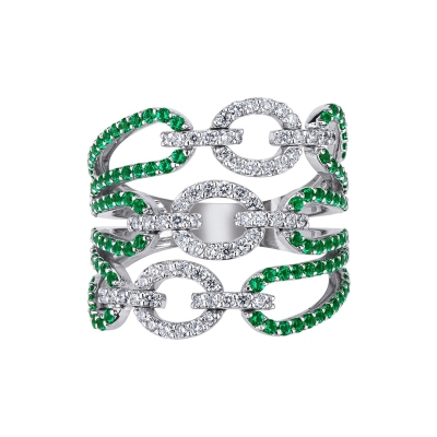 Band ring in white gold 18k with emeralds and diamonds 