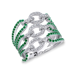 Band ring in white gold 18k with emeralds and diamonds 