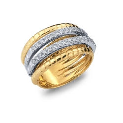 18k white and yellow gold ring with rows of diamonds 