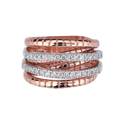 18k white and rosé gold crossover ring with diamonds rows 