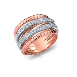 18k white and rosé gold crossover ring with diamonds rows 