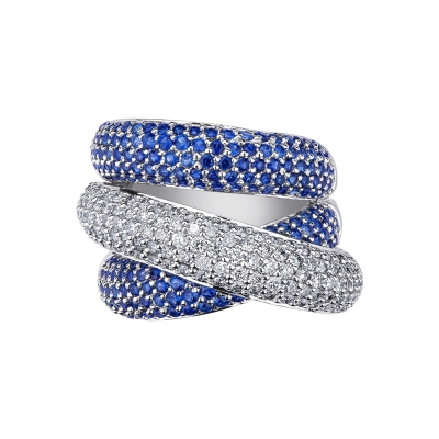 White gold 18k ring with blue sapphires and diamonds pavé on crossed bands 