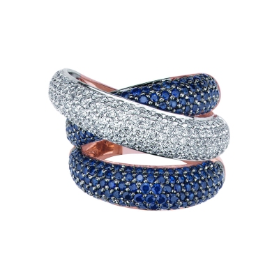 Band ring in rosé and white gold 18k with blue sapphires and diamonds 