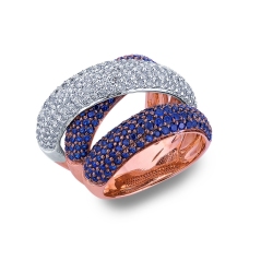 Band ring in rosé and white gold 18k with blue sapphires and diamonds 
